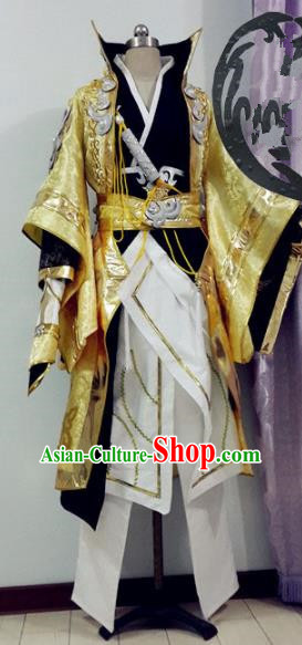 Chinese Traditional Cosplay Royal Highness Golden Costume Ancient Swordsman Hanfu Clothing for Men