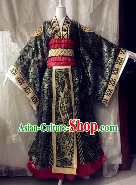 Chinese Traditional Cosplay First Emperor Black Costume Ancient Swordsman Hanfu Clothing for Men
