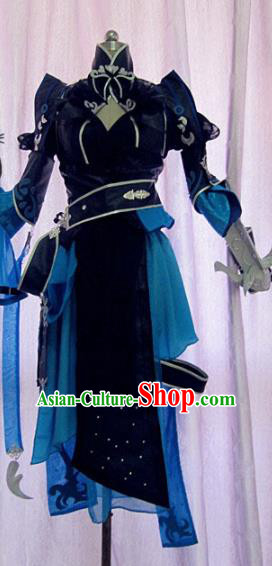 Chinese Traditional Cosplay Swordswoman Costume Ancient Peri Navy Hanfu Dress for Women