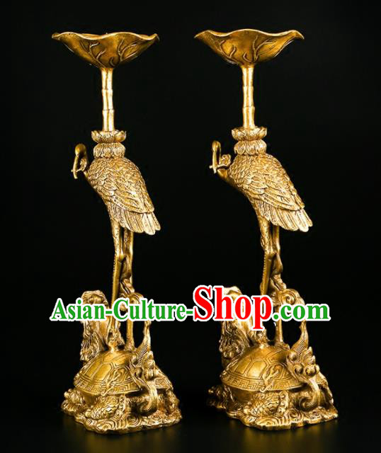 Chinese Traditional Feng Shui Items Buddhism Brass Cranes Candlestick Decoration