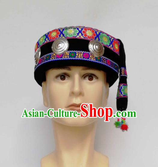 Chinese Traditional Ethnic Headwear Yao Nationality Bridegroom Black Hat for Men