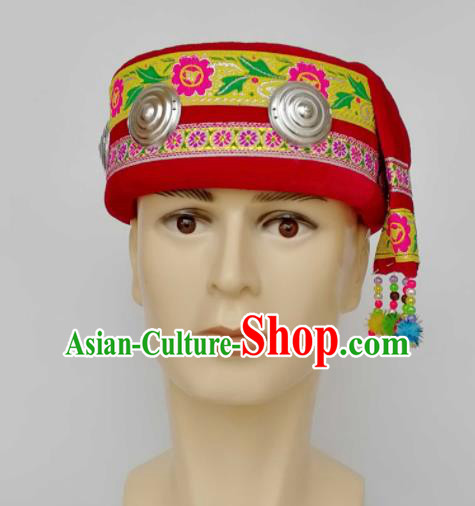 Chinese Traditional Ethnic Headwear Yao Nationality Bridegroom Embroidered Red Hat for Men