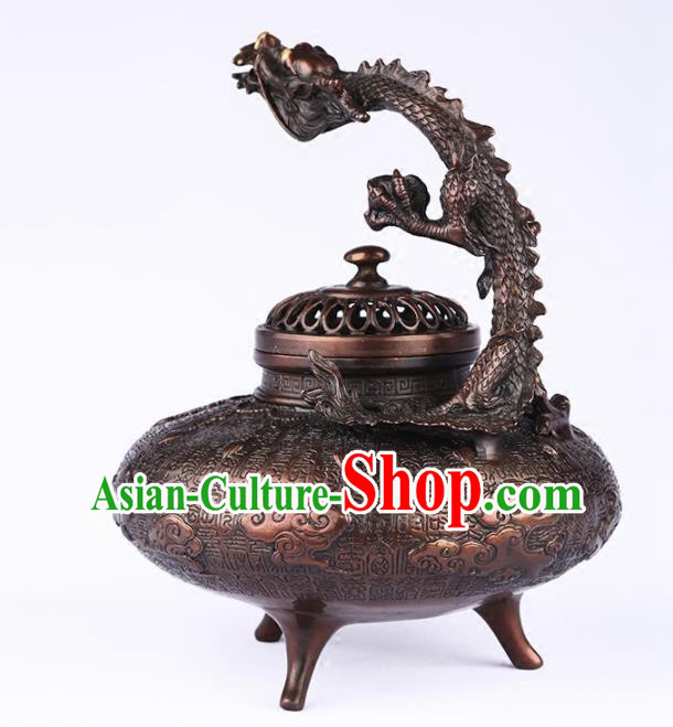 Chinese Traditional Brass Carving Dragon Incense Burner Taoism Bagua Feng Shui Items Censer Decoration