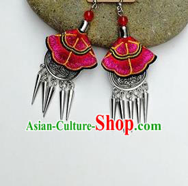 Chinese Traditional Ethnic Jewelry Accessories Miao Nationality Embroidered Rosy Earrings for Women