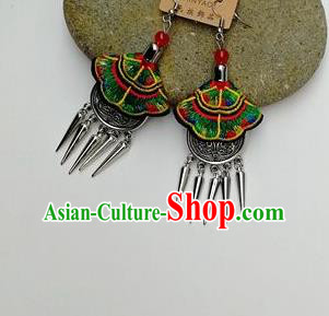 Chinese Traditional Ethnic Jewelry Accessories Miao Nationality Embroidered Green Earrings for Women