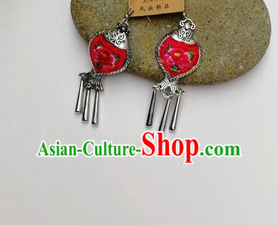 Chinese Traditional Ethnic Jewelry Accessories Miao Nationality Embroidered Flower Red Earrings for Women