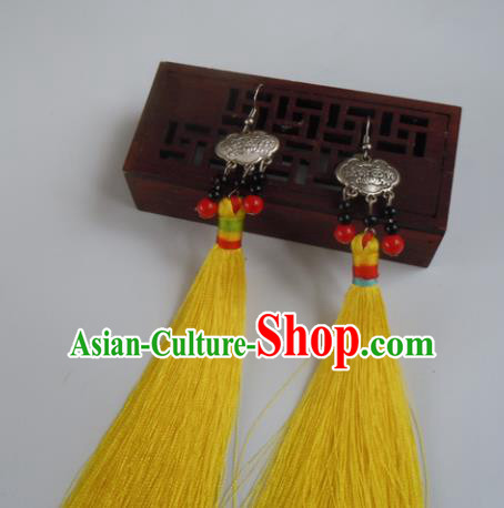 Chinese Traditional Ethnic Jewelry Accessories Miao Nationality Yellow Tassel Earrings for Women