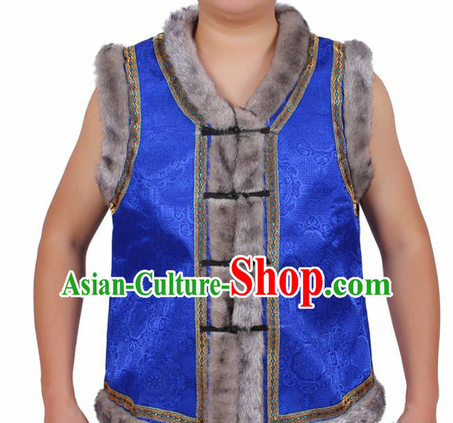 Chinese Traditional Ethnic Costumes Mongol Nationality Royalblue Brocade Waistcoat Vest for Men