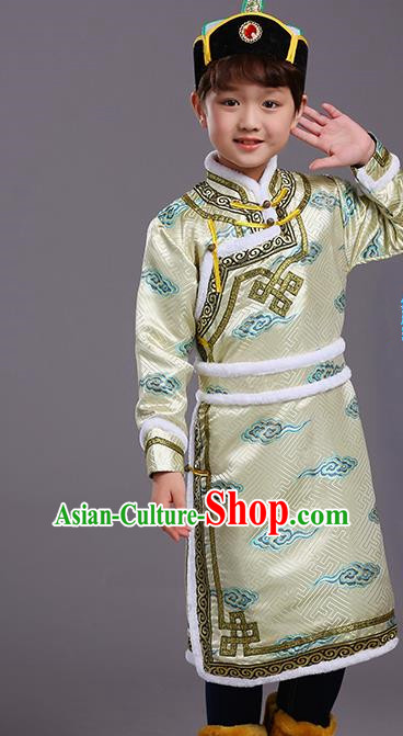 Chinese Traditional Ethnic Children Costumes Mongol Nationality Golden Brocade Robe for Kids