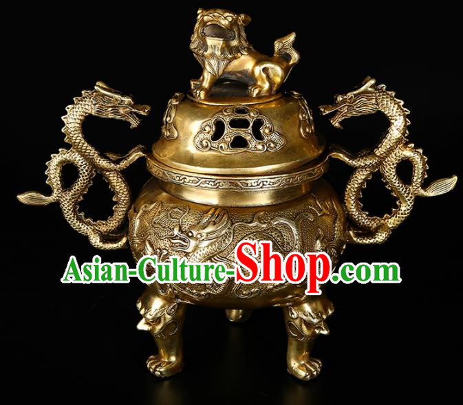 Chinese Traditional Taoism Bagua Brass Lion Dragons Incense Burner Feng Shui Items Censer Decoration