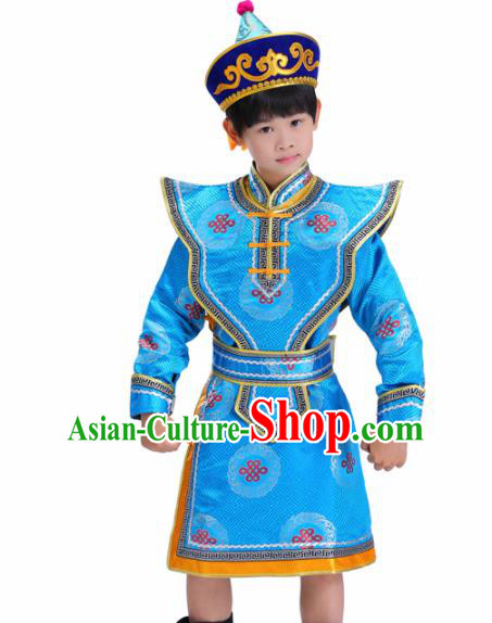 Chinese Traditional Ethnic Children Costumes Mongol Nationality Prince Blue Brocade Robe for Kids