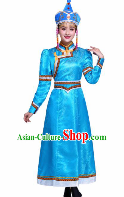Chinese Traditional Mongolian Ethnic Wedding Costumes Mongol Nationality Princess Blue Dress for Women