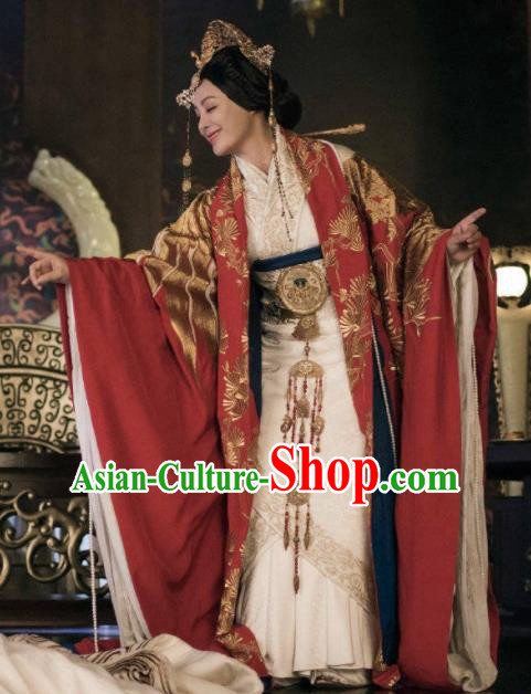 The Lengend of Haolan Chinese Ancient Warring States Period Queen Embroidered Historical Costume and Headpiece for Women