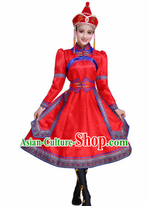 Chinese Traditional Mongolian Ethnic Folk Dance Red Dress Mongol Nationality Costumes for Women