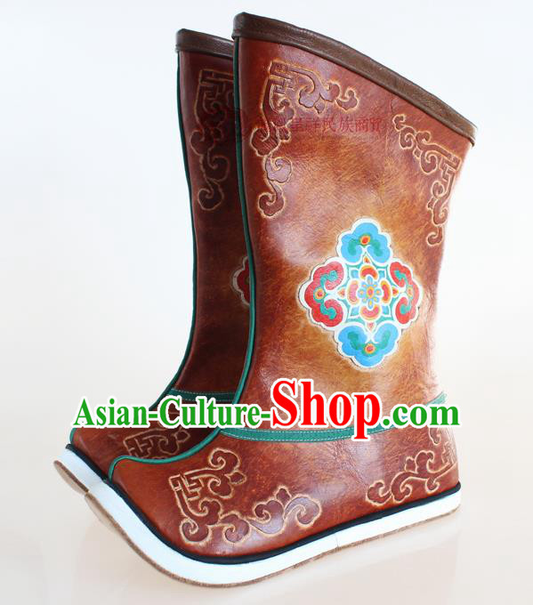 Chinese Traditional Mongol Ethnic Boots Nationality Mongolian Brown Leather Boots for Men