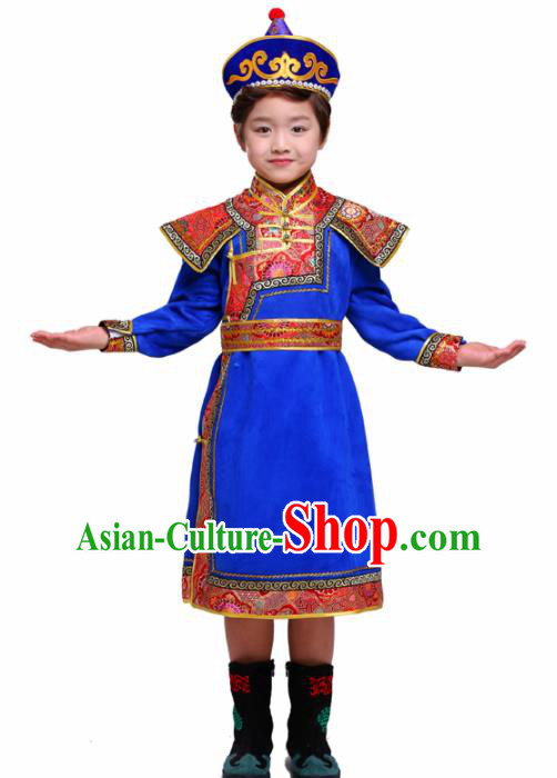Chinese Traditional Mongol Ethnic Costume Nationality Royalblue Brocade Mongolian Robe for Kids