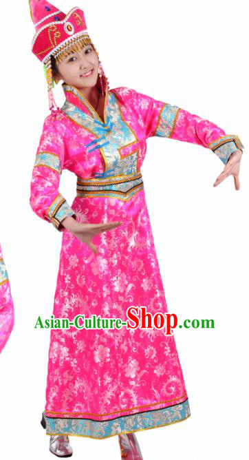 Chinese Traditional Mongolian Ethnic Pink Brocade Dress Mongol Nationality Folk Dance Costumes for Women