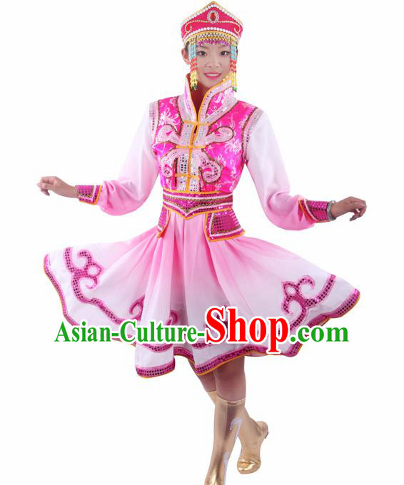 Chinese Traditional Mongolian Folk Dance Pink Dress Mongol Nationality Ethnic Costume for Women