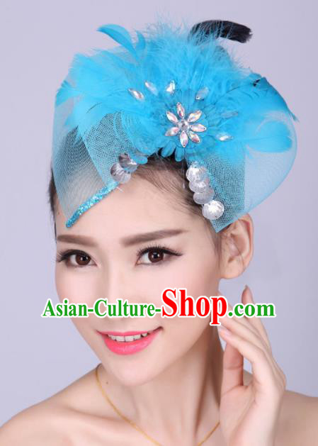 Chinese Traditional Yangko Dance Blue Feather Bowknot Hair Claw National Folk Dance Hair Accessories for Women