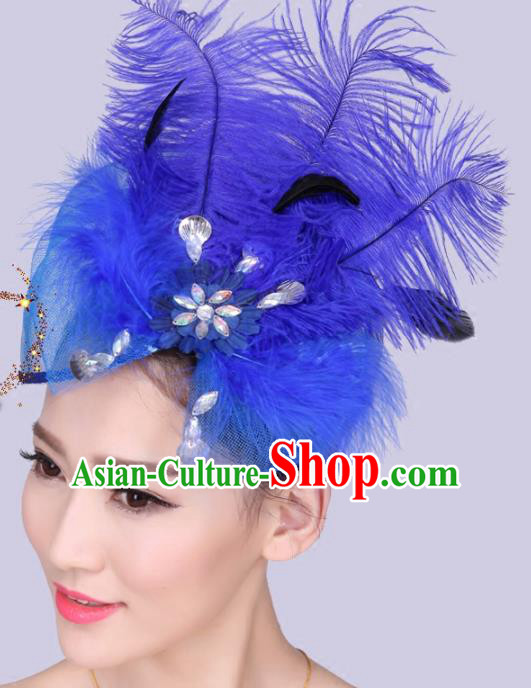 Chinese Traditional Yangko Dance Hair Claw National Folk Dance Royalblue Feather Bowknot Hair Accessories for Women