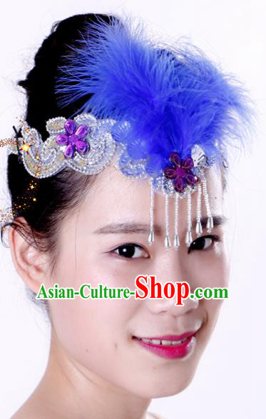 Chinese Traditional Yangko Dance Royalblue Feather Tassel Hair Clasp National Folk Dance Hair Accessories for Women
