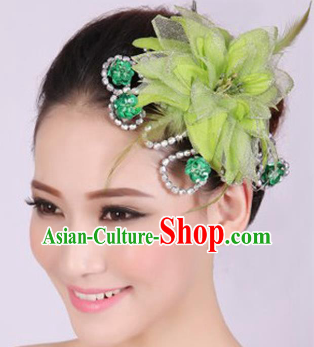 Chinese Traditional Yangko Dance Green Veil Peony Feather Hair Claw National Folk Dance Hair Accessories for Women