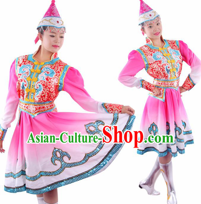 Chinese Traditional Mongolian Folk Dance Pink Short Dress Mongol Nationality Ethnic Costume for Women