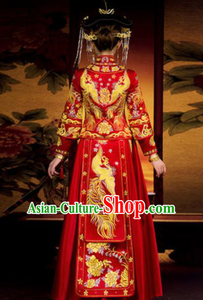 Traditional Chinese Red Wedding Dress Ancient Bride Embroidered Phoenix Xiu He Costume for Women