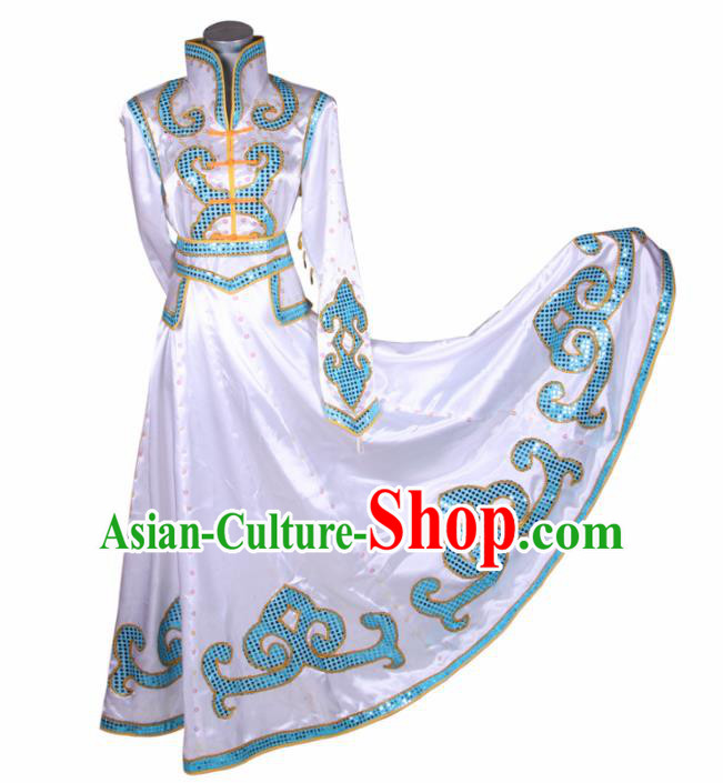 Chinese Traditional Mongolian Folk Dance White Dress Mongol Nationality Ethnic Costume for Women