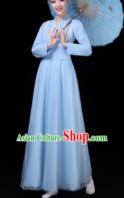 Chinese Traditional Umbrella Dance Blue Costume Classical Dance Group Dance Dress for Women