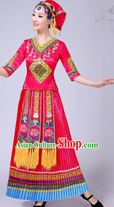 Chinese Traditional Ethnic Folk Dance Costume Yi Nationality Wedding Rosy Dress for Women