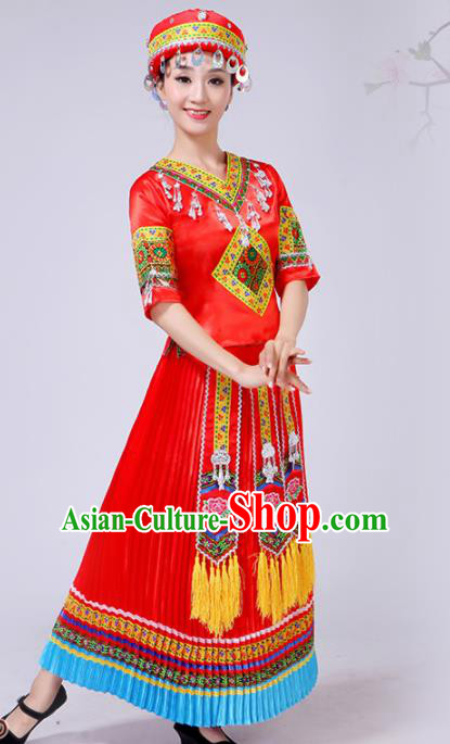 Chinese Traditional Ethnic Folk Dance Costume Yi Nationality Wedding Red Dress for Women