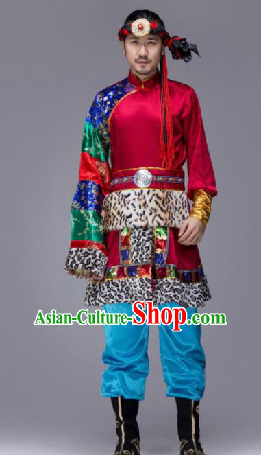 Chinese Traditional Tibetan Ethnic Folk Dance Costume Zang Nationality Dance Wine Red Clothing for Men