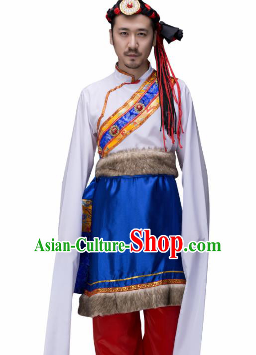 Chinese Traditional Tibetan Ethnic Water Sleeve Costume Zang Nationality Folk Dance Clothing for Men
