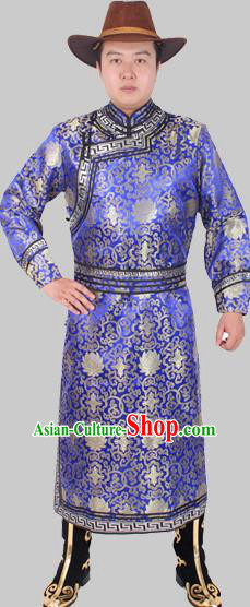 Chinese Traditional Mongol Ethnic Costume Nationality Royalblue Brocade Mongolian Robe for Men