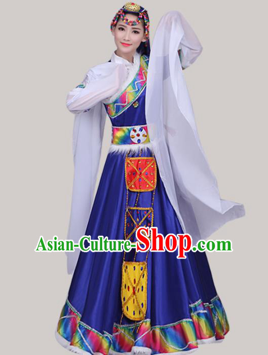 Chinese Traditional Tibetan Ethnic Folk Dance Costume Zang Nationality Dance Royalblue Dress for Women