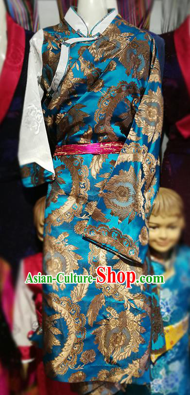 Chinese Traditional Tibetan Kham Blue Dress Zang Nationality Heishui Dance Ethnic Costume for Kids