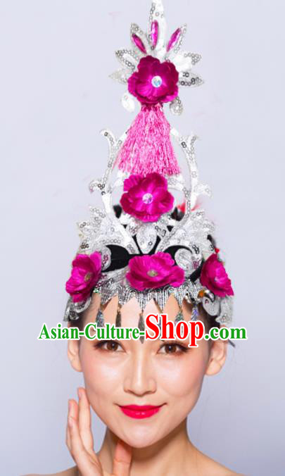 Chinese Traditional Folk Dance Hair Accessories Stage Performance Yangko Dance Rosy Flowers Headwear for Women