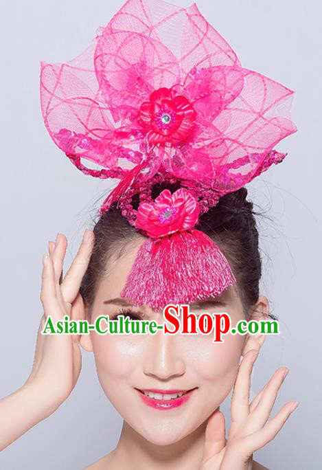 Chinese Traditional Folk Dance Hair Accessories Stage Performance Yangko Dance Rosy Veil Headwear for Women
