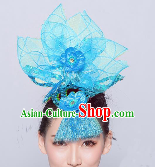 Chinese Traditional Folk Dance Hair Accessories Stage Performance Yangko Dance Blue Veil Headwear for Women