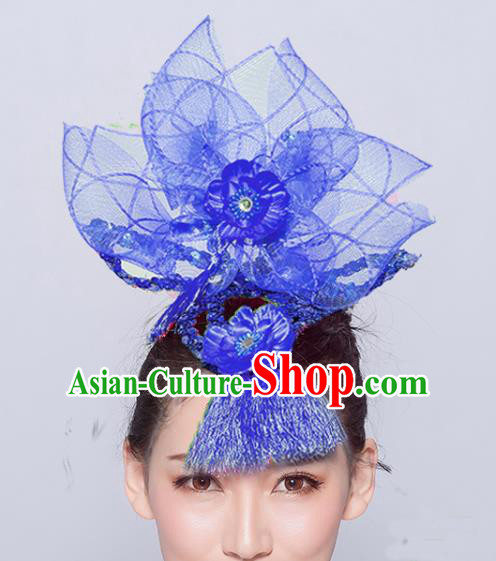 Chinese Traditional Folk Dance Hair Accessories Stage Performance Yangko Dance Deep Blue Veil Headwear for Women