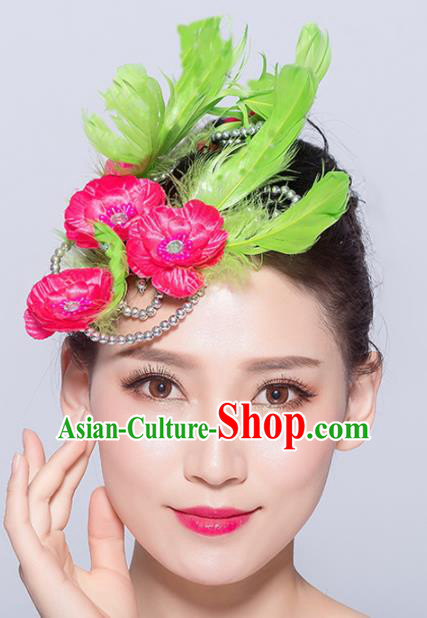 Chinese Traditional Folk Dance Hair Accessories Stage Performance Yangko Dance Green Feather Hair Stick for Women