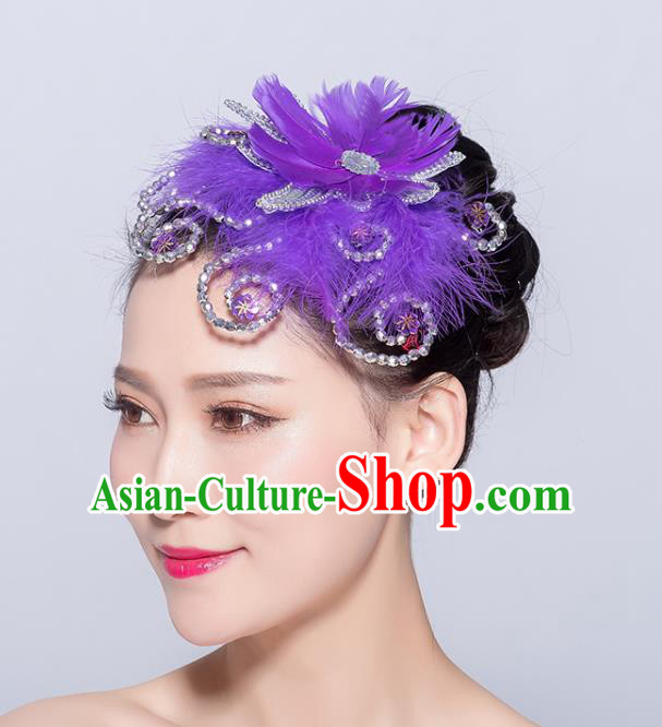 Chinese Traditional Folk Dance Purple Feather Hair Stick Stage Performance Yangko Dance Hair Accessories for Women