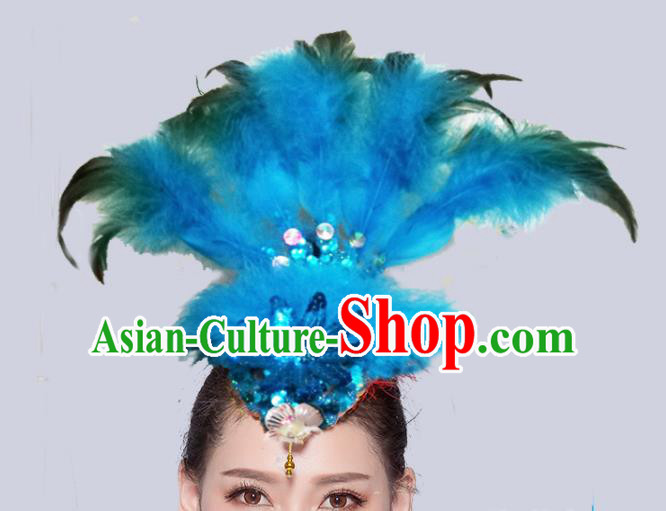 Chinese Traditional National Folk Dance Blue Feather Hair Stick Yangko Dance Hair Accessories for Women