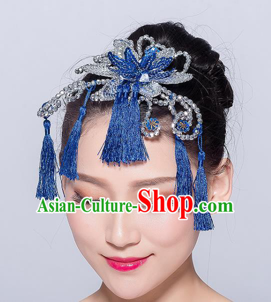 Chinese Traditional Yangko Dance Royalblue Tassel Hair Stick National Folk Dance Hair Accessories for Women