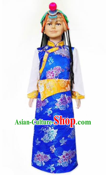 Chinese Traditional Tibetan Girls Kham Royalblue Dress Zang Nationality Heishui Dance Ethnic Costumes for Kids