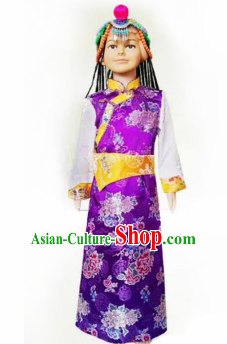 Chinese Traditional Tibetan Girls Kham Purple Dress Zang Nationality Heishui Dance Ethnic Costumes for Kids