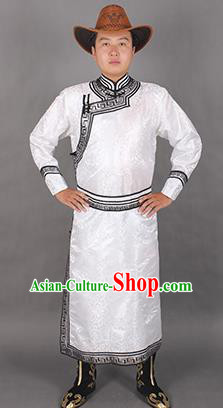Chinese Traditional Mongol Ethnic Costume Nationality White Brocade Mongolian Robe for Men