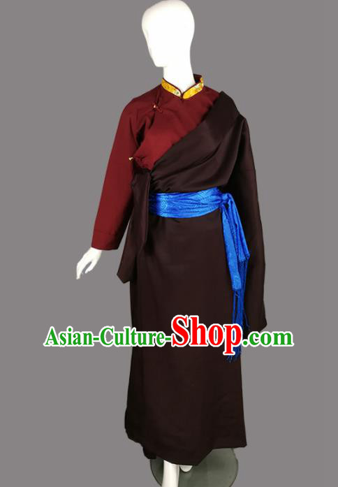 Chinese Traditional Tibetan Ethnic Brown Robe Zang Nationality Heishui Dance Costume for Women