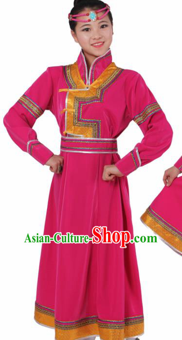 Chinese Traditional Mongolian Ethnic Rosy Dress Mongol Nationality Folk Dance Costumes for Women